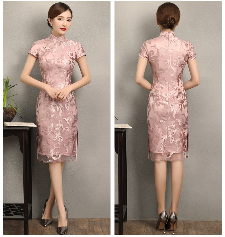 粉蕓蕾絲繡花旗袍，清新淡雅時(shí)尚旗袍裙