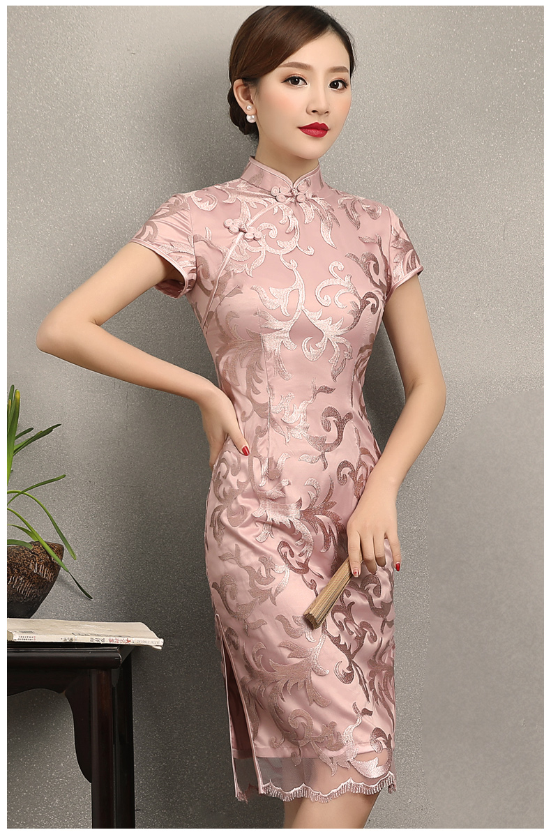 粉蕓蕾絲繡花旗袍，清新淡雅時(shí)尚旗袍裙