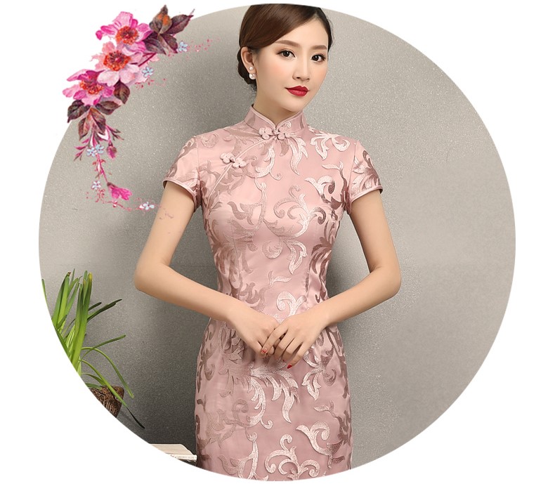 粉蕓蕾絲繡花旗袍，清新淡雅時(shí)尚旗袍裙