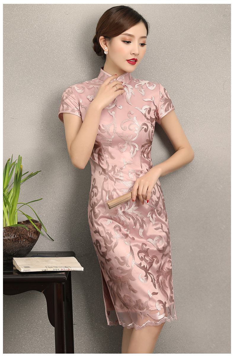 粉蕓蕾絲繡花旗袍，清新淡雅時(shí)尚旗袍裙