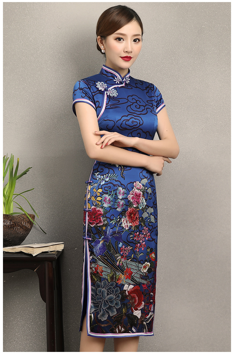 藍(lán)云真絲旗袍，古典祥云旗袍裙