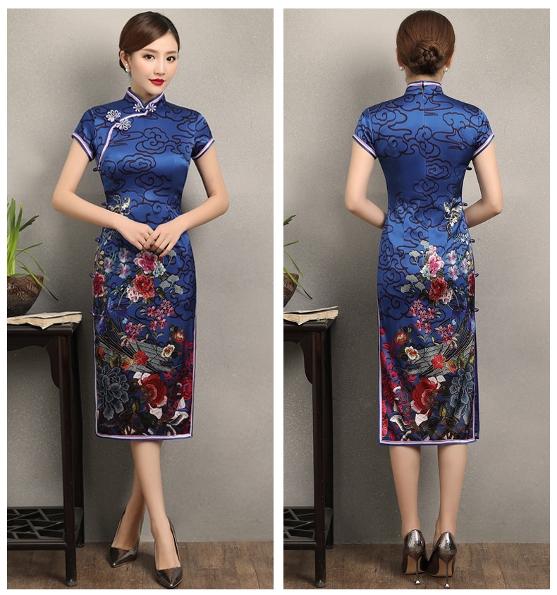 藍(lán)云真絲旗袍，古典祥云旗袍裙