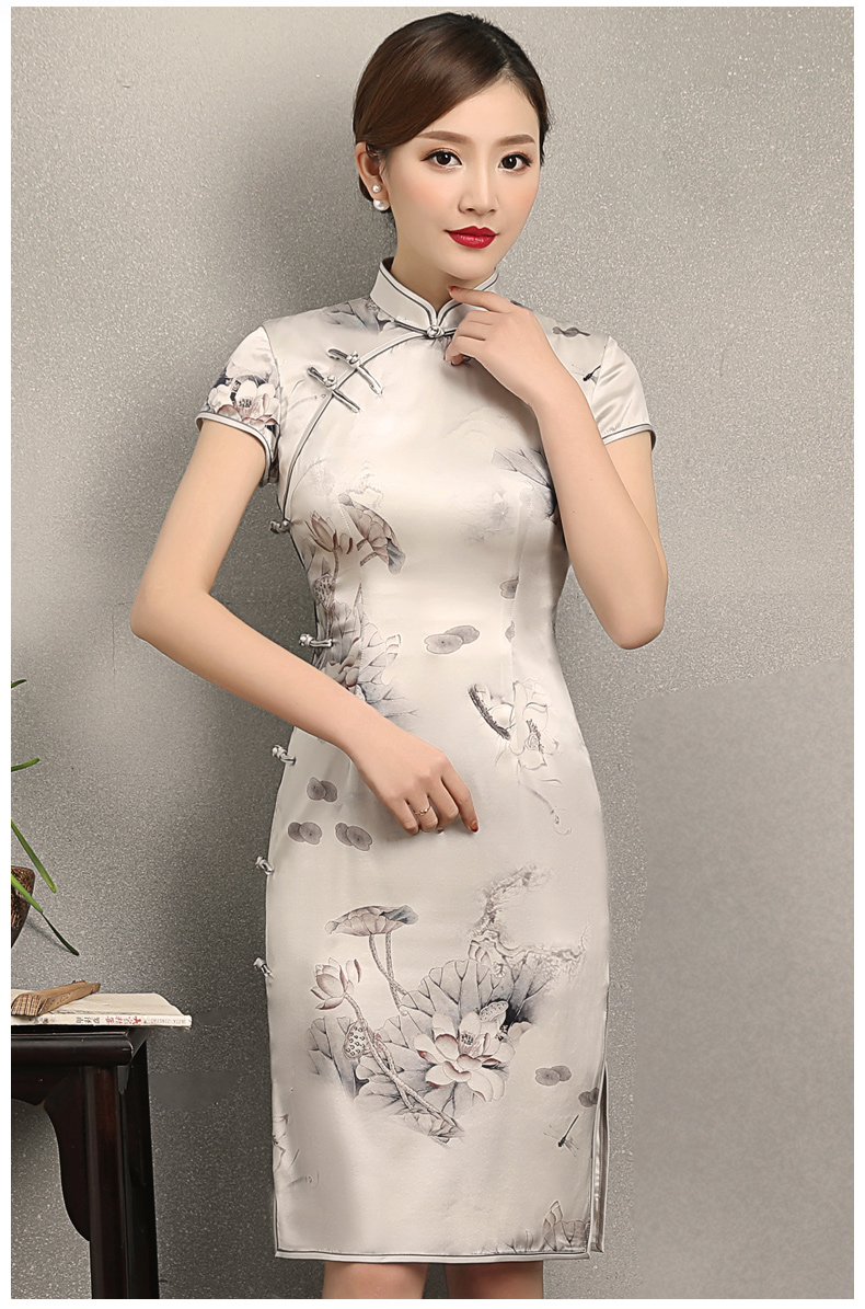 荷香四溢短袖旗袍，中式印花旗袍裙