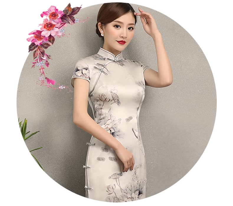 荷香四溢短袖旗袍，中式印花旗袍裙