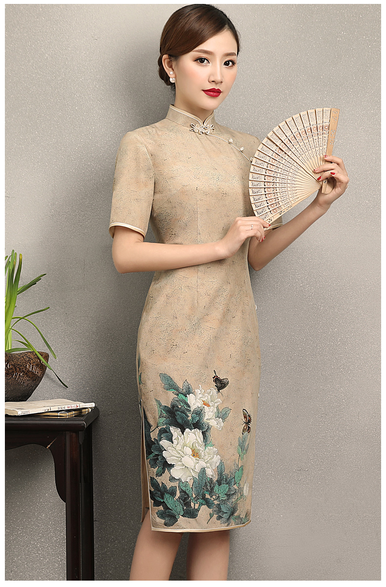 復古韻味旗袍，牡丹蝶香旗袍裙