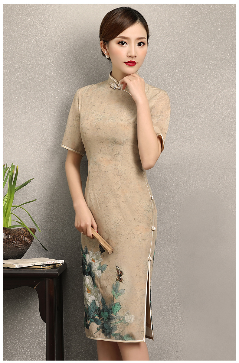 復古韻味旗袍，牡丹蝶香旗袍裙