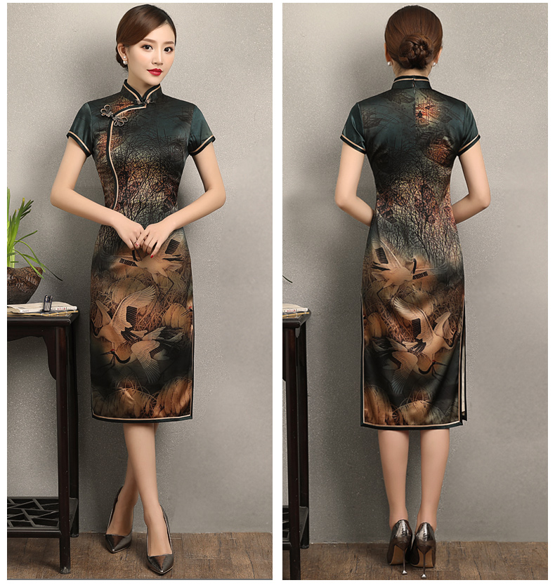 家佳樂文學(xué)仙鶴飛舞旗袍，優(yōu)雅古典修身旗袍裙