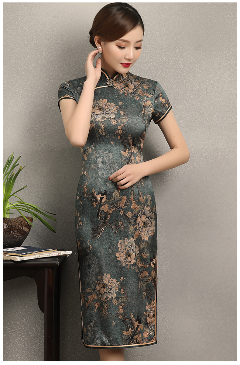 家佳樂文學(xué)花牡丹旗袍，復(fù)古典雅修身旗袍裙