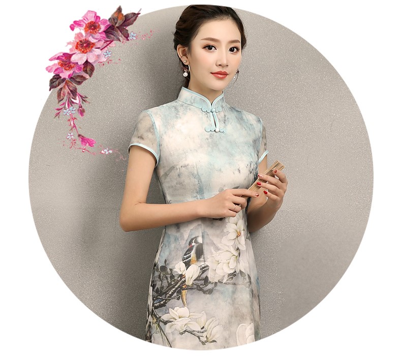 清雅華貴白玉蘭旗袍，復(fù)古真絲旗袍裙