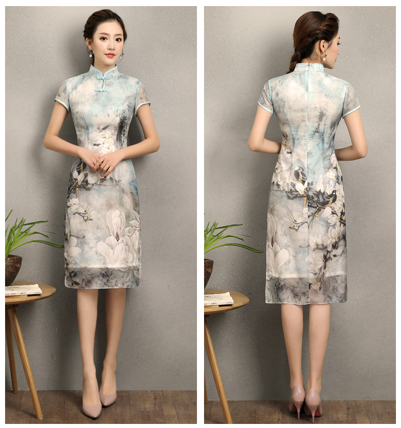 清雅華貴白玉蘭旗袍，復(fù)古真絲旗袍裙