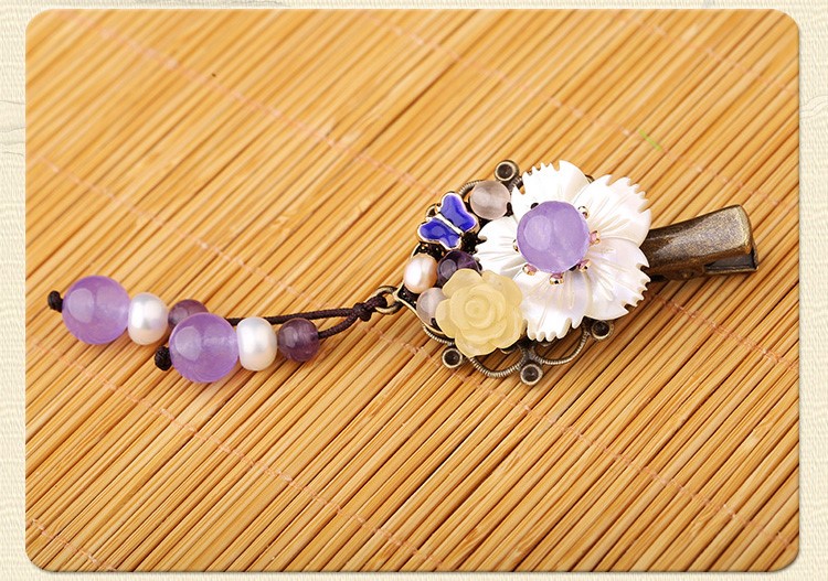 淡紫彩玉超仙發(fā)夾，古風貝殼花朵頭飾