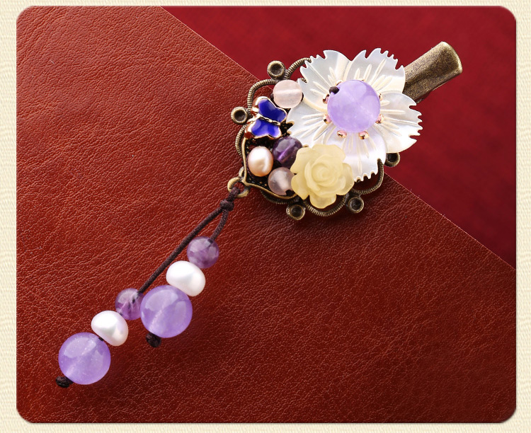 淡紫彩玉超仙發(fā)夾，古風貝殼花朵頭飾