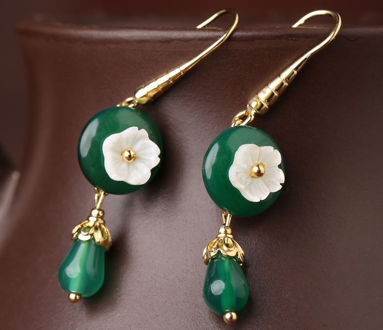 復古小花朵綠瑪瑙耳環(huán)，古風文藝復古首飾