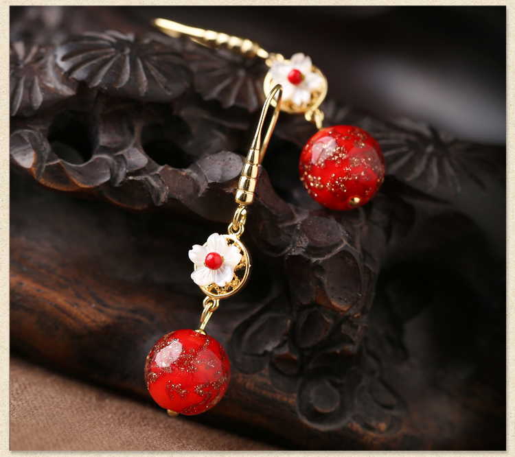 復(fù)古琉璃吊墜耳環(huán)，古風(fēng)花朵紅色首飾