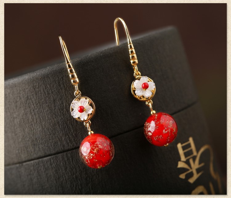 復(fù)古琉璃吊墜耳環(huán)，古風(fēng)花朵紅色首飾