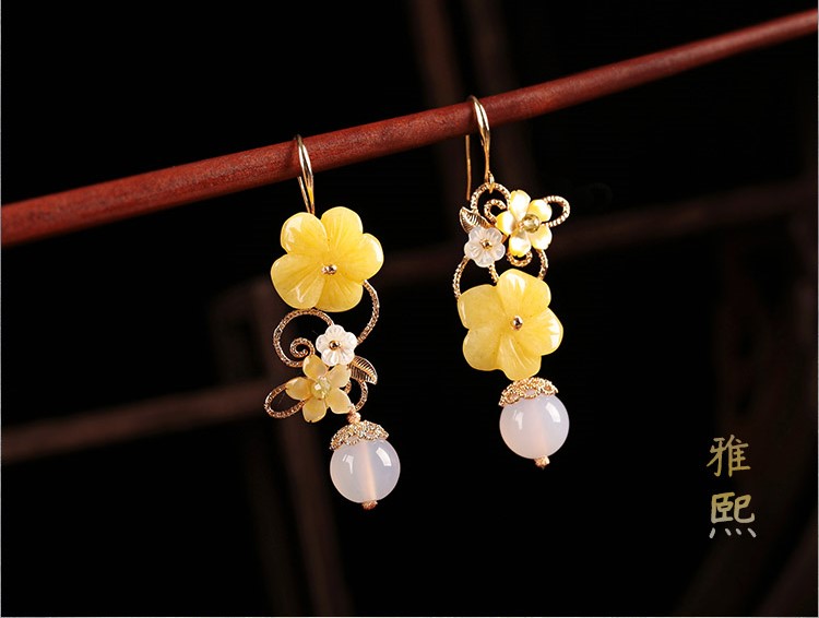 新穎黃花朵耳墜耳環(huán)，古風(fēng)清新氣質(zhì)首飾