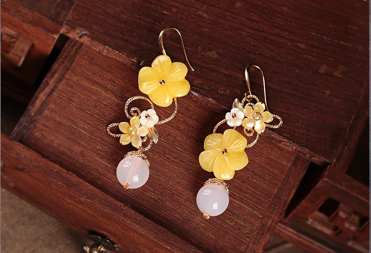新穎黃花朵耳墜耳環(huán)，古風(fēng)清新氣質(zhì)首飾