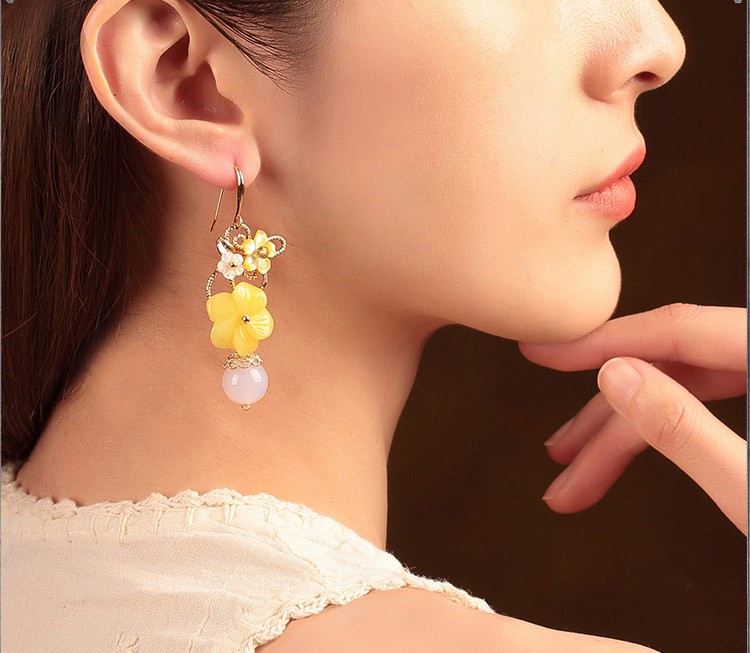新穎黃花朵耳墜耳環(huán)，古風(fēng)清新氣質(zhì)首飾