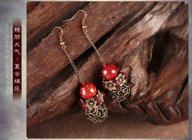 艷塵復(fù)古家佳樂(lè)文學(xué)氣質(zhì)耳環(huán)，古風(fēng)紅色琉璃首飾