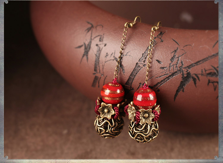 艷塵復(fù)古家佳樂(lè)文學(xué)氣質(zhì)耳環(huán)，古風(fēng)紅色琉璃首飾