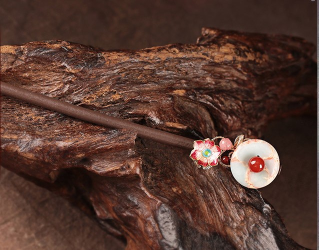 醉花月平安扣木簪子，粉色花朵發(fā)簪頭飾