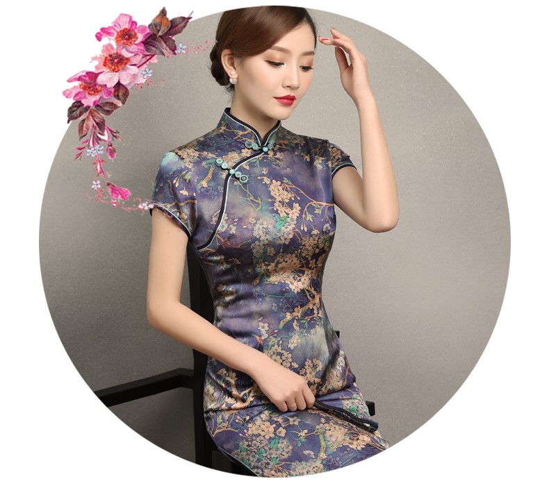 蒼翠復(fù)古修身旗袍，典雅印花旗袍裙