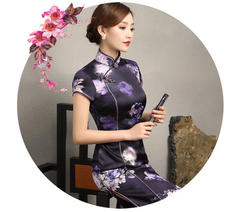 優(yōu)雅鏡花旗袍，清新藍色花旗袍裙