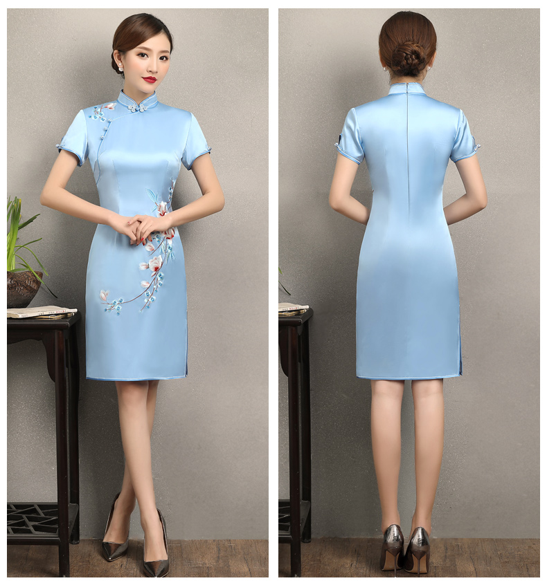 淡藍清新繡花旗袍，散香時尚旗袍裙