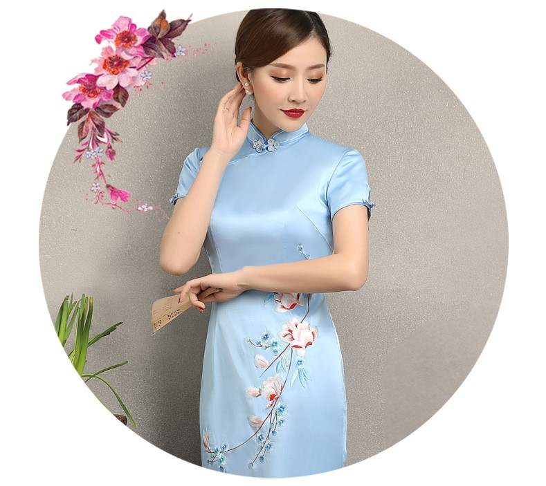 淡藍清新繡花旗袍，散香時尚旗袍裙