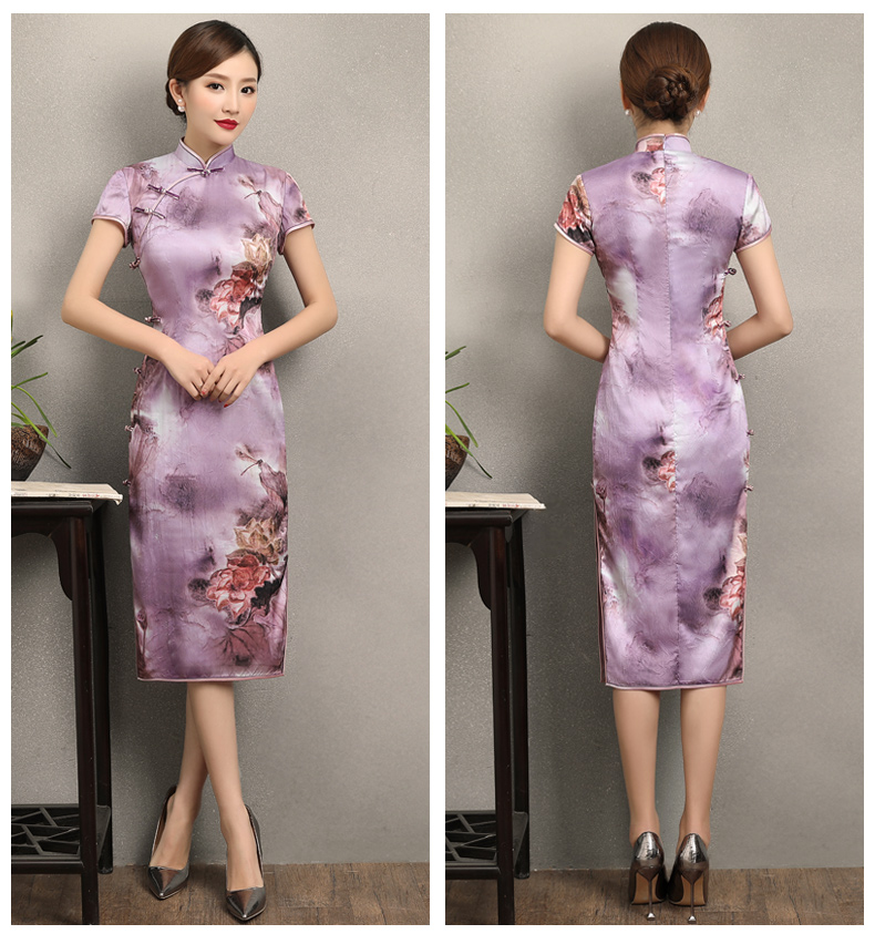 淡紫清新印花旗袍，高貴典雅旗袍裙