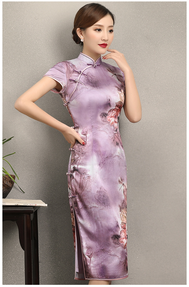 淡紫清新印花旗袍，高貴典雅旗袍裙