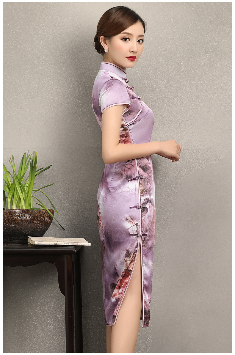 淡紫清新印花旗袍，高貴典雅旗袍裙