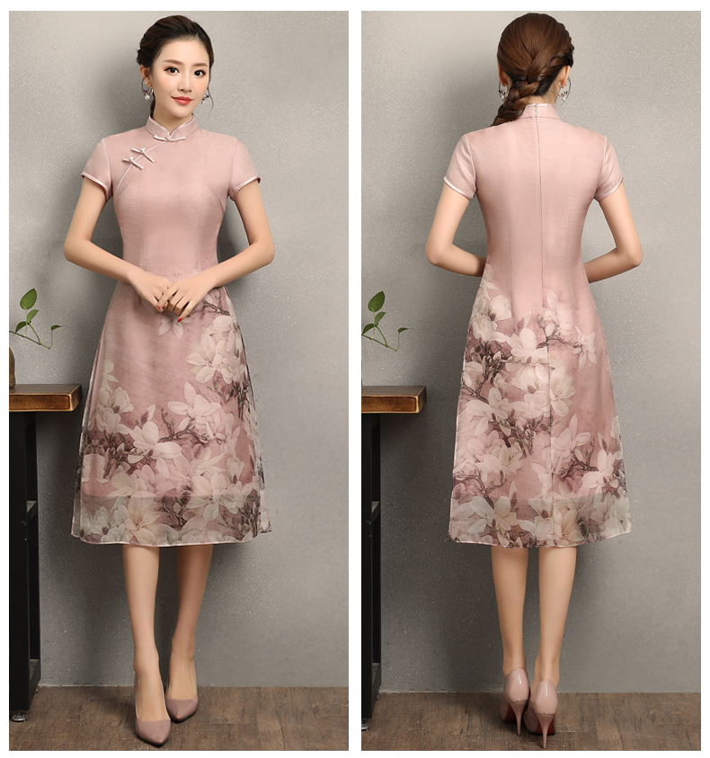 粉色玉蘭花旗袍，清新亮麗旗袍裙