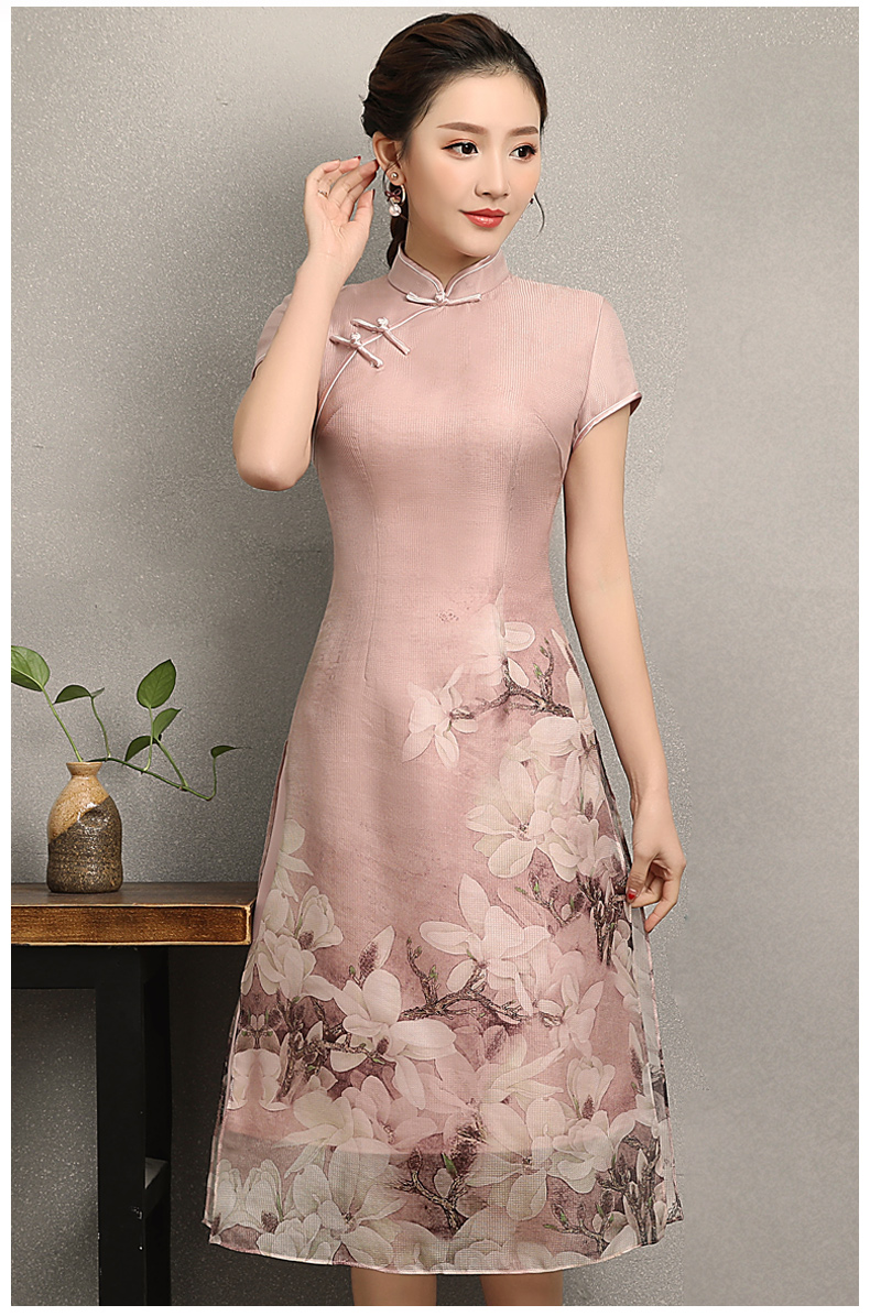粉色玉蘭花旗袍，清新亮麗旗袍裙