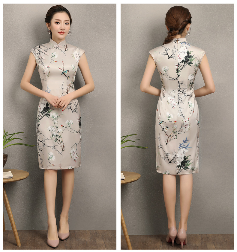 杏色曉鶴印花旗袍，時(shí)尚淡雅旗袍裙