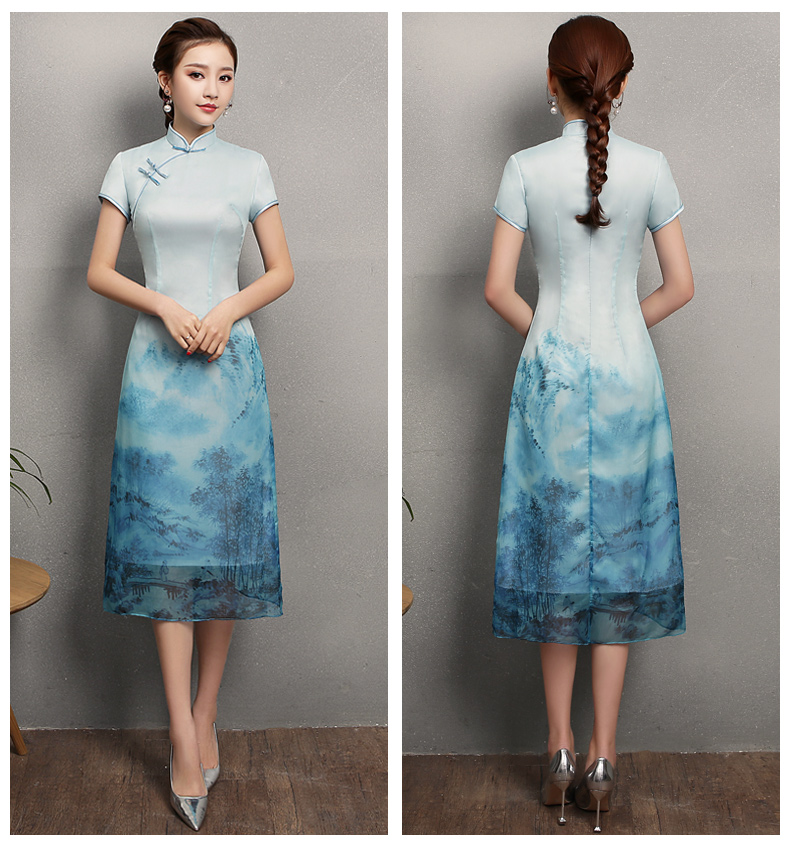 藍(lán)墨家佳樂文學(xué)旗袍，時尚中式旗袍裙