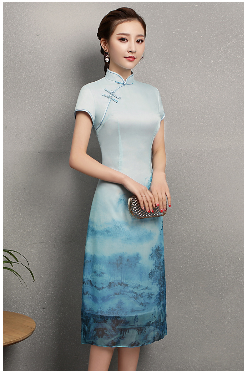 藍(lán)墨家佳樂文學(xué)旗袍，時尚中式旗袍裙
