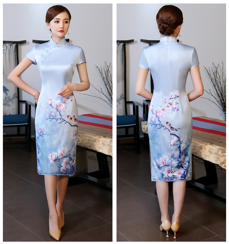 優(yōu)雅蘭花藍(lán)色旗袍，淡雅清新旗袍裙