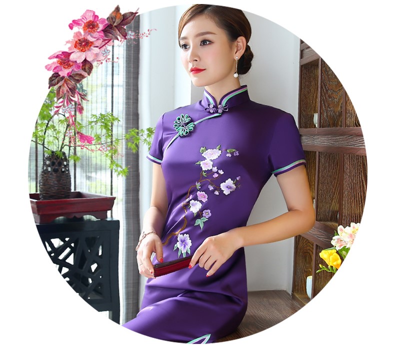 精致繡花高貴紫旗袍，時(shí)尚典雅旗袍裙