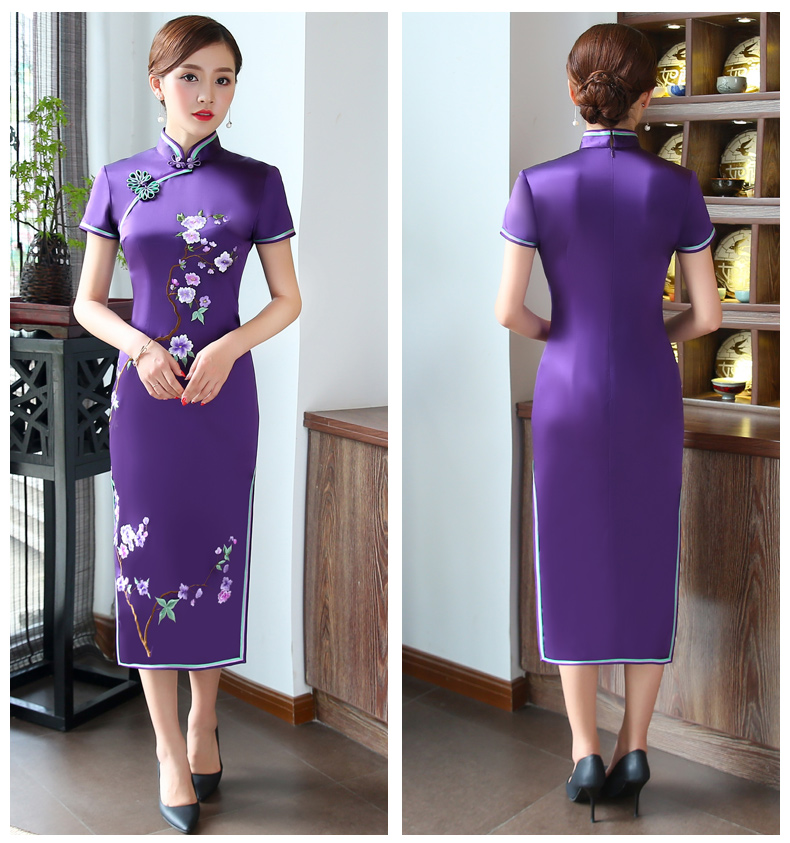 精致繡花高貴紫旗袍，時(shí)尚典雅旗袍裙