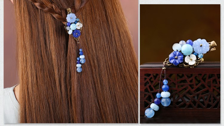 古風(fēng)藍(lán)色發(fā)夾，唯美優(yōu)雅頭飾