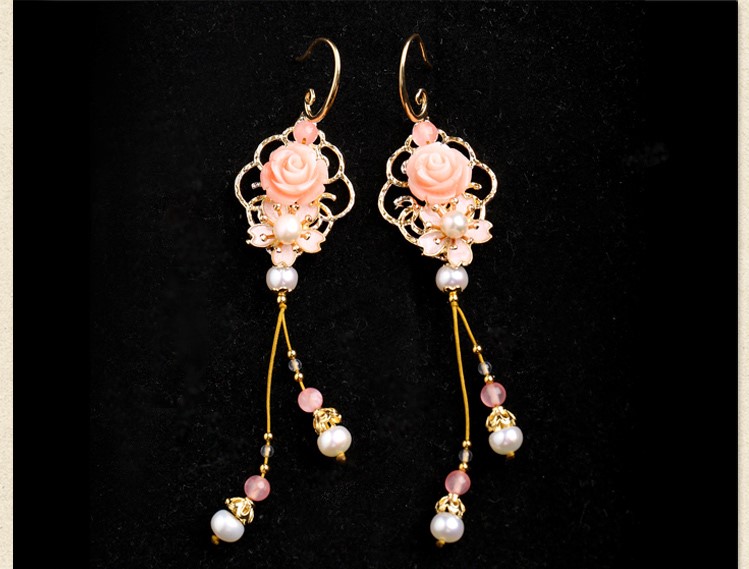古風唯美花朵耳墜耳環(huán)，氣質超仙少女粉耳環(huán)
