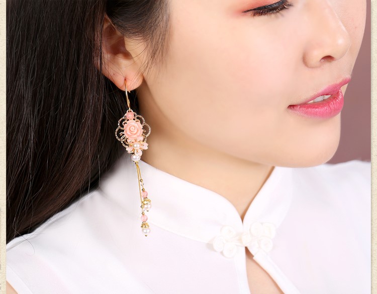 古風唯美花朵耳墜耳環(huán)，氣質超仙少女粉耳環(huán)