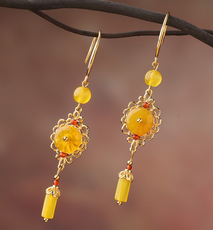 耀眼黃色瑪瑙耳環(huán)，氣質(zhì)高貴耳環(huán)