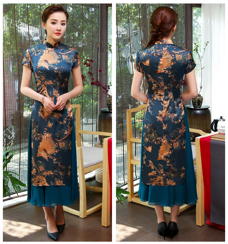 吉祥孔雀圖旗袍，家佳樂文學(xué)奧黛旗袍裙