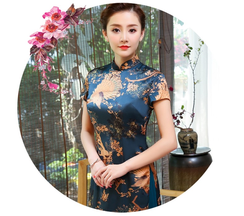 吉祥孔雀圖旗袍，家佳樂文學(xué)奧黛旗袍裙