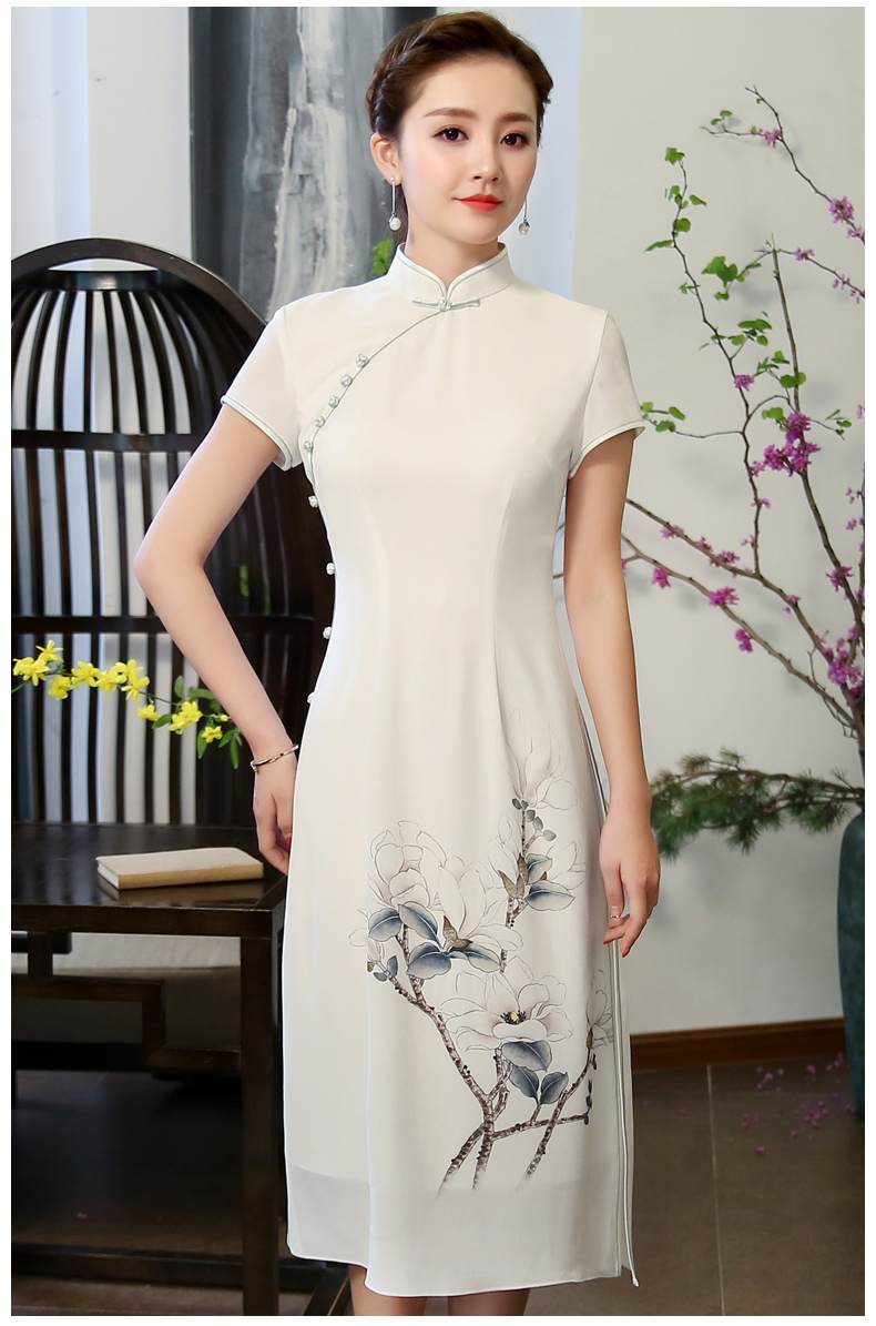 玉蘭花圖旗袍，素雅奧黛風(fēng)旗袍裙