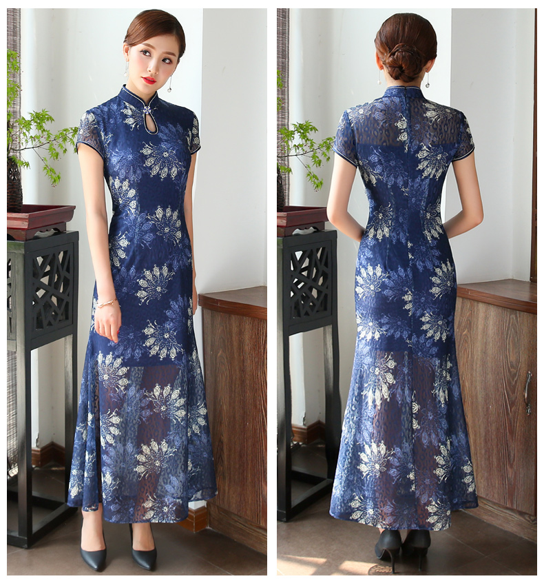 念花蕾絲旗袍，時尚魚尾旗袍裙