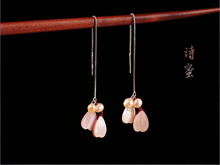 小清新珍珠貝殼耳環(huán)，唯美花瓣吊墜耳環(huán)首飾
