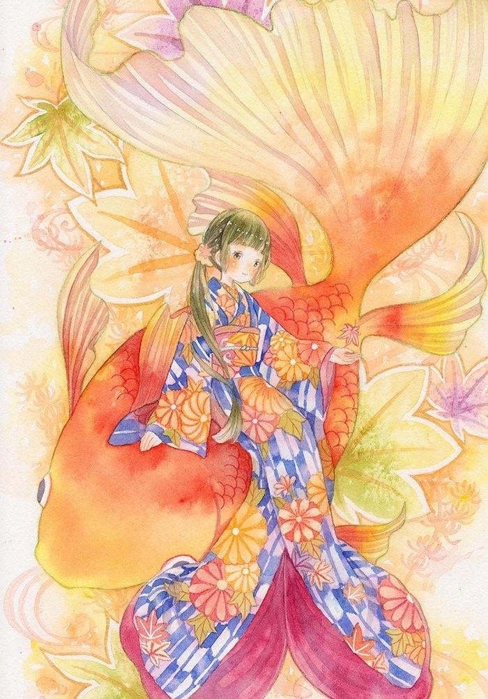 一組少女風(fēng)的日系水彩插畫：清新唯美萌妹紙